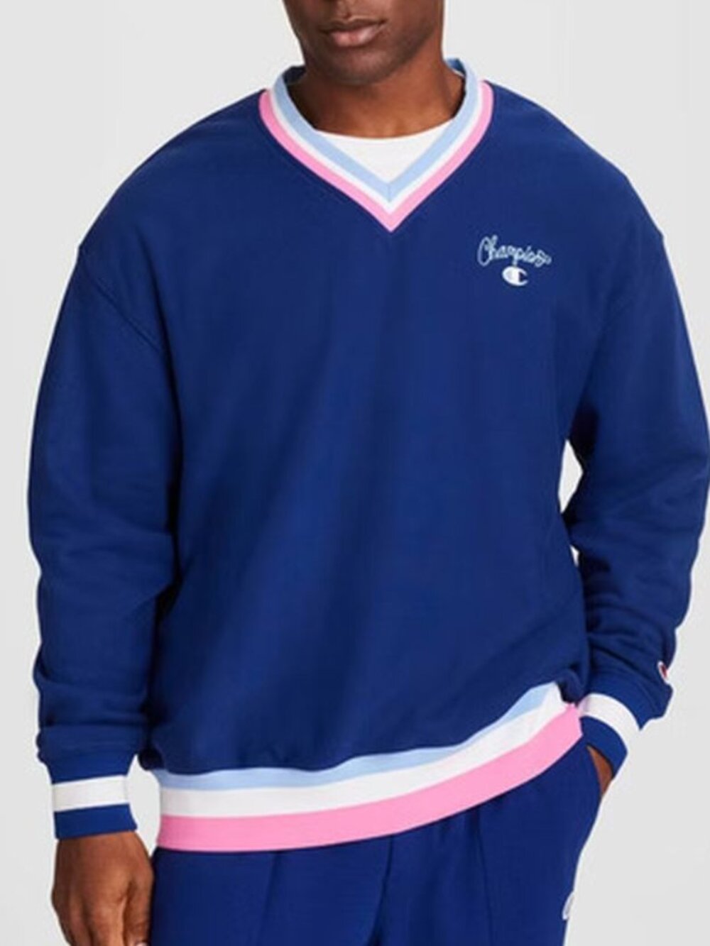 Champion Men's Club Sport Striped V-Neck French Terry Pullover - Blue Depths XXL